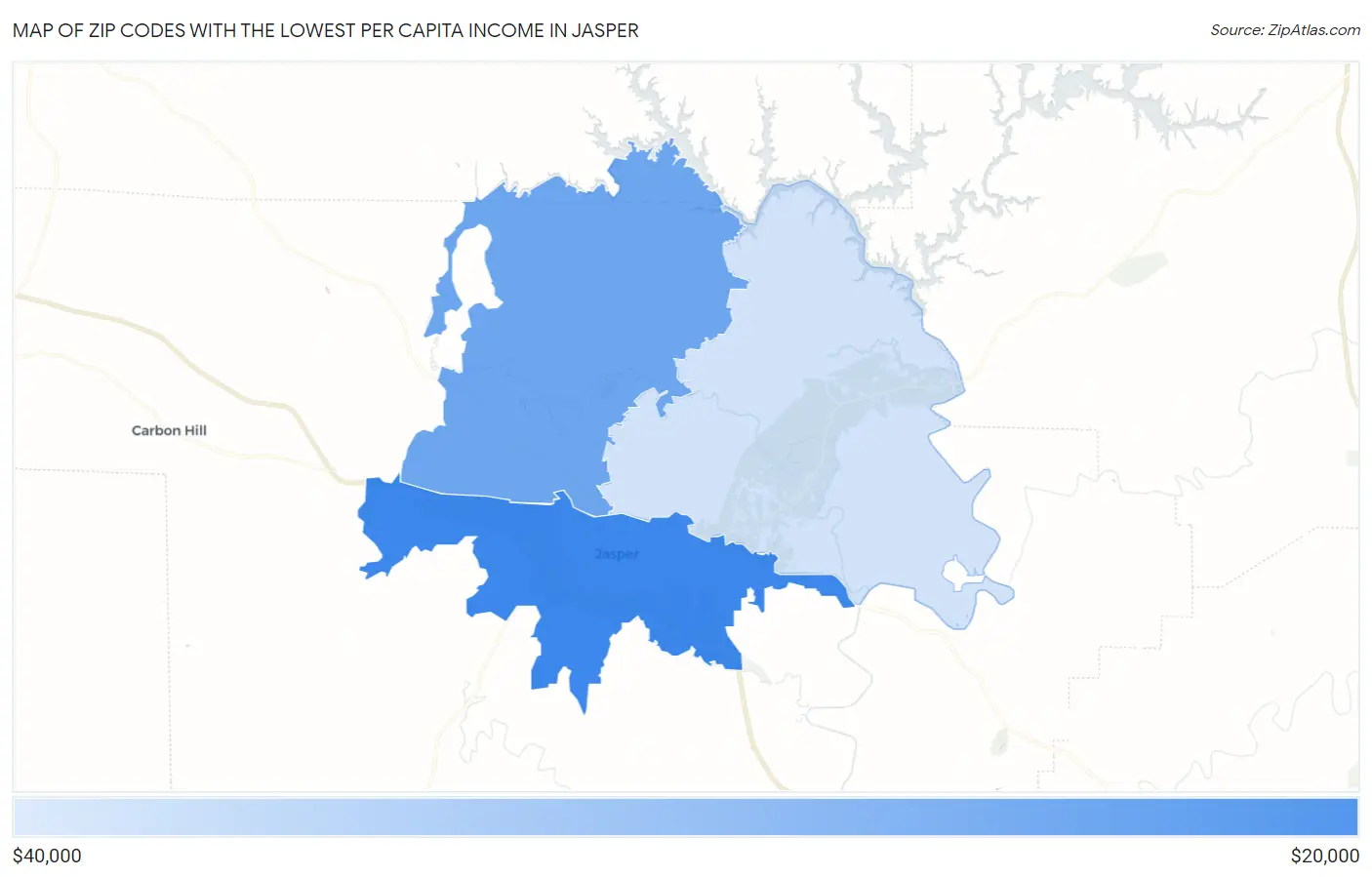 Zip Codes with the Lowest Per Capita Income in Jasper Map