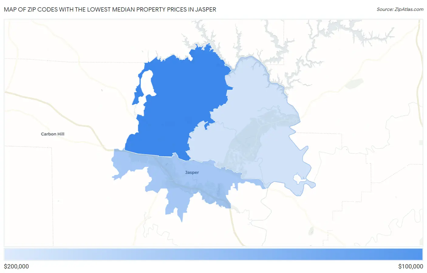 Zip Codes with the Lowest Median Property Prices in Jasper Map