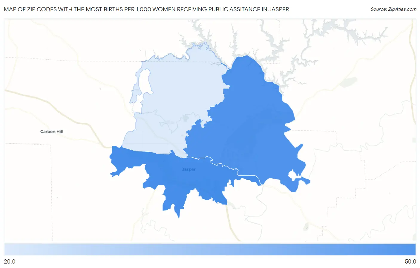 Zip Codes with the Most Births per 1,000 Women Receiving Public Assitance in Jasper Map