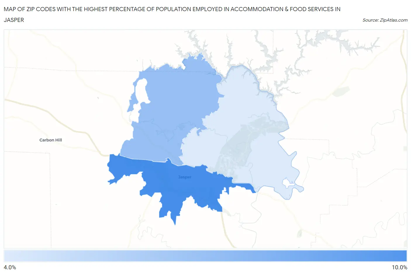Zip Codes with the Highest Percentage of Population Employed in Accommodation & Food Services in Jasper Map