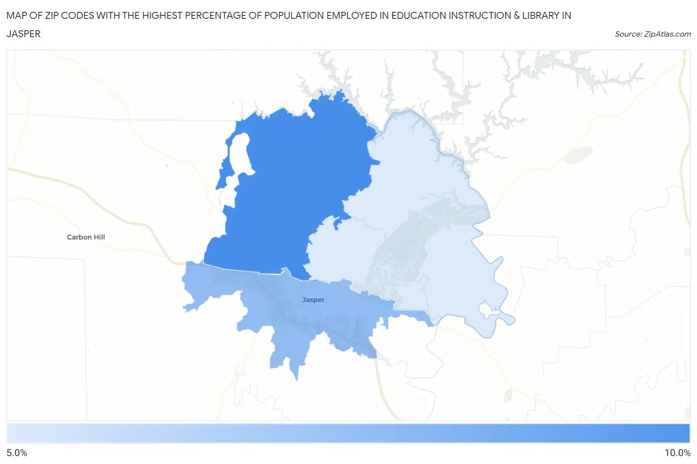Zip Codes with the Highest Percentage of Population Employed in Education Instruction & Library in Jasper Map