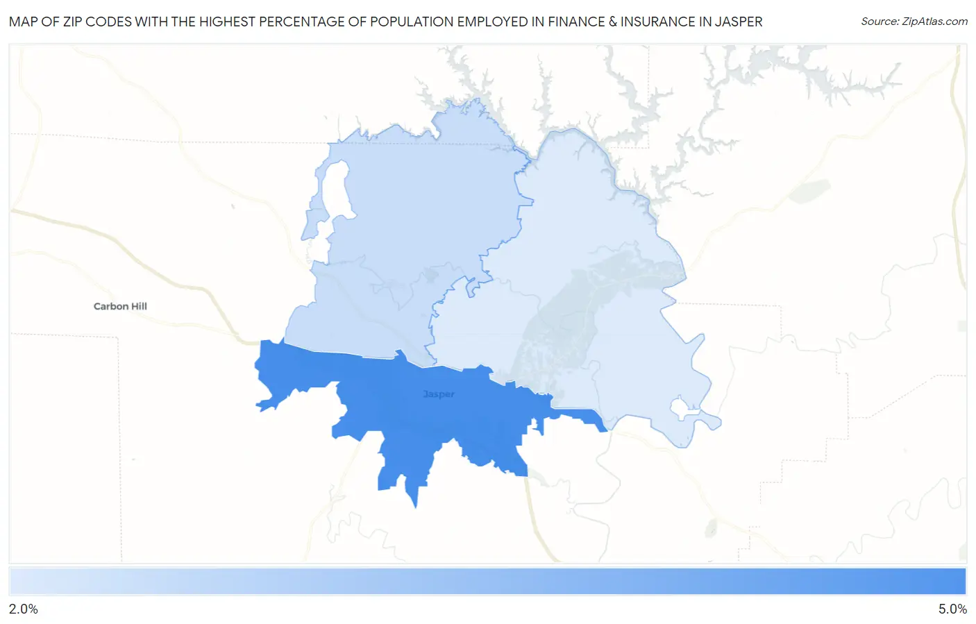 Zip Codes with the Highest Percentage of Population Employed in Finance & Insurance in Jasper Map