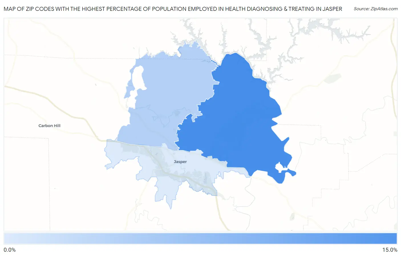 Zip Codes with the Highest Percentage of Population Employed in Health Diagnosing & Treating in Jasper Map
