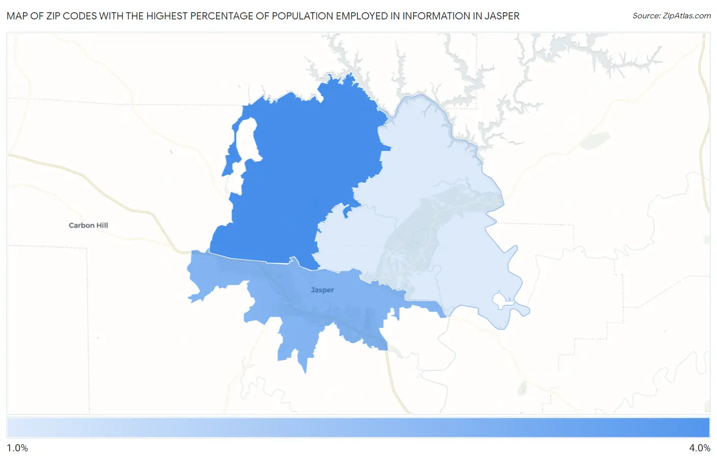 Zip Codes with the Highest Percentage of Population Employed in Information in Jasper Map