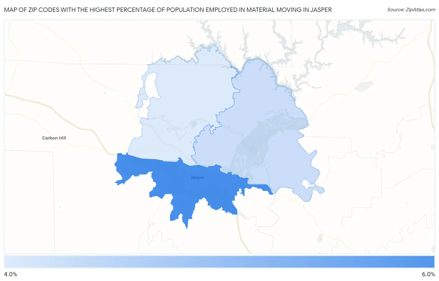 Zip Codes with the Highest Percentage of Population Employed in Material Moving in Jasper Map