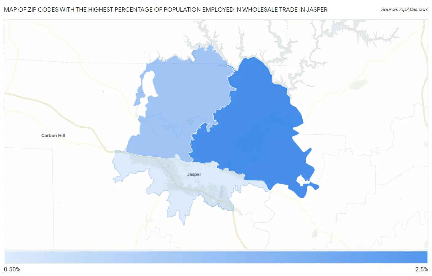 Zip Codes with the Highest Percentage of Population Employed in Wholesale Trade in Jasper Map