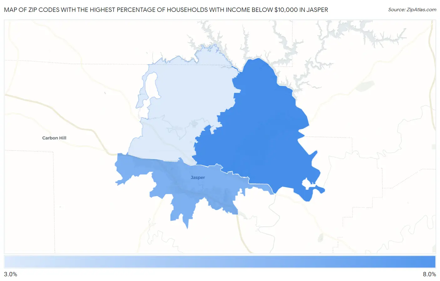 Zip Codes with the Highest Percentage of Households with Income Below $10,000 in Jasper Map