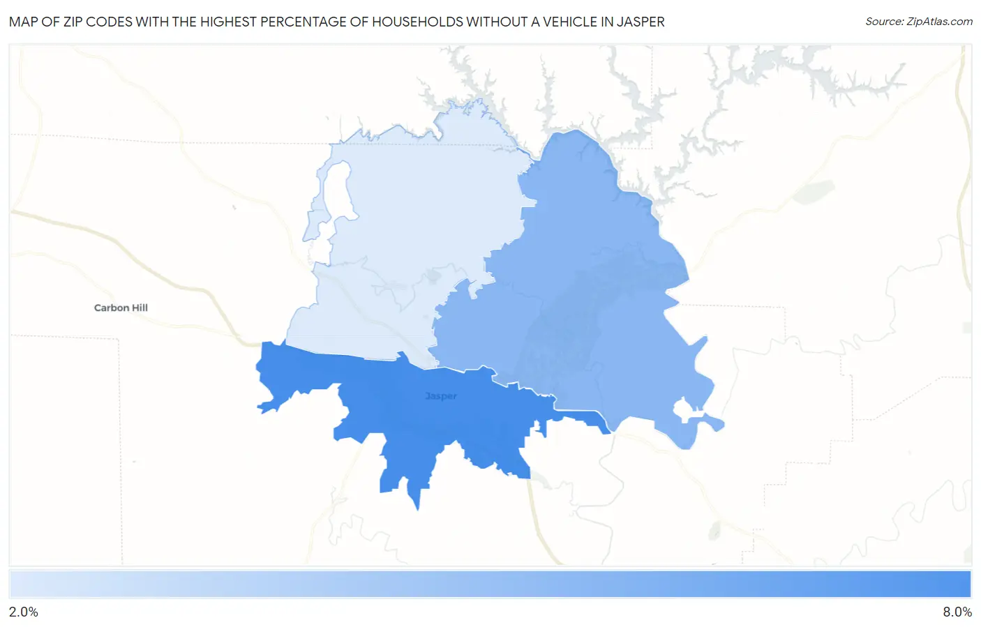 Zip Codes with the Highest Percentage of Households Without a Vehicle in Jasper Map