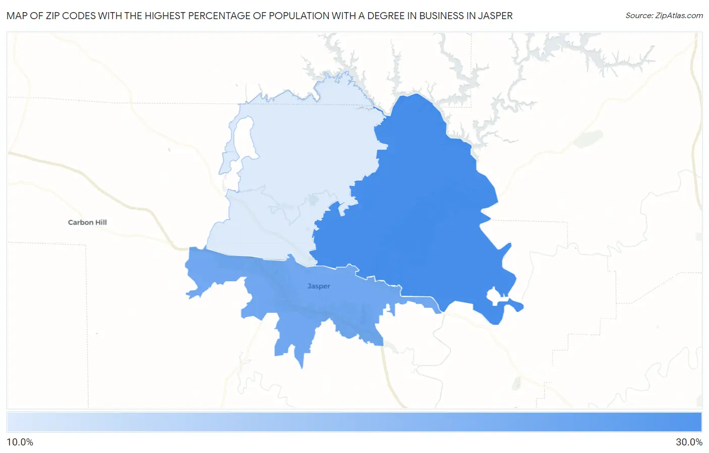 Zip Codes with the Highest Percentage of Population with a Degree in Business in Jasper Map