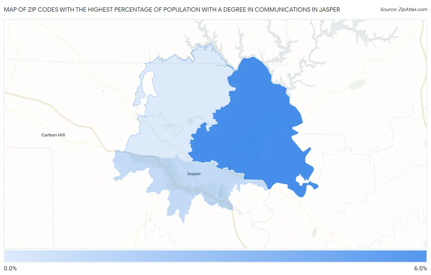 Zip Codes with the Highest Percentage of Population with a Degree in Communications in Jasper Map