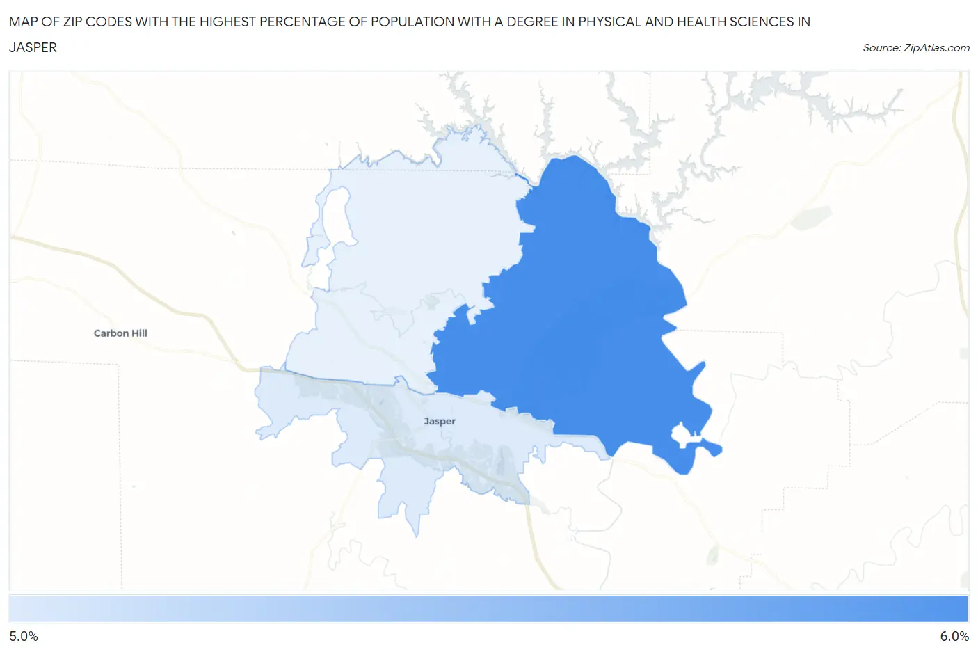 Zip Codes with the Highest Percentage of Population with a Degree in Physical and Health Sciences in Jasper Map