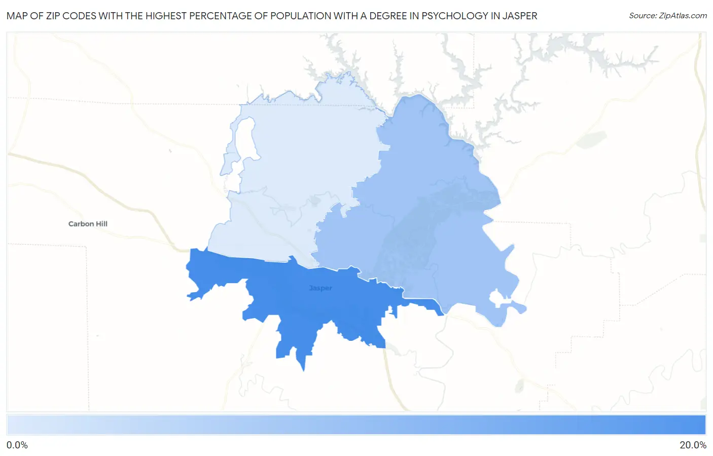 Zip Codes with the Highest Percentage of Population with a Degree in Psychology in Jasper Map
