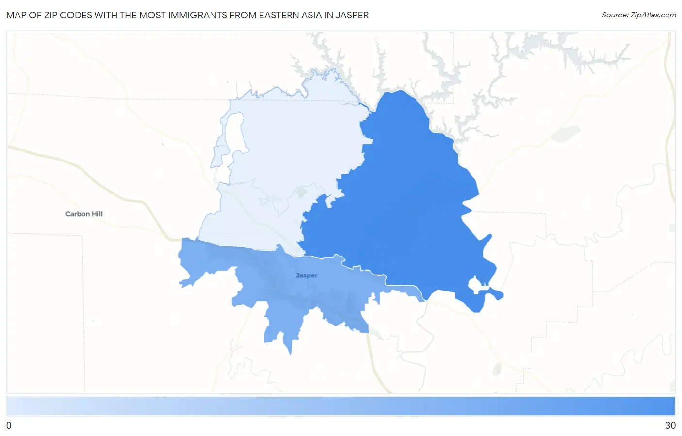 Zip Codes with the Most Immigrants from Eastern Asia in Jasper Map