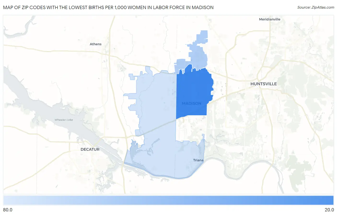 Zip Codes with the Lowest Births per 1,000 Women in Labor Force in Madison Map