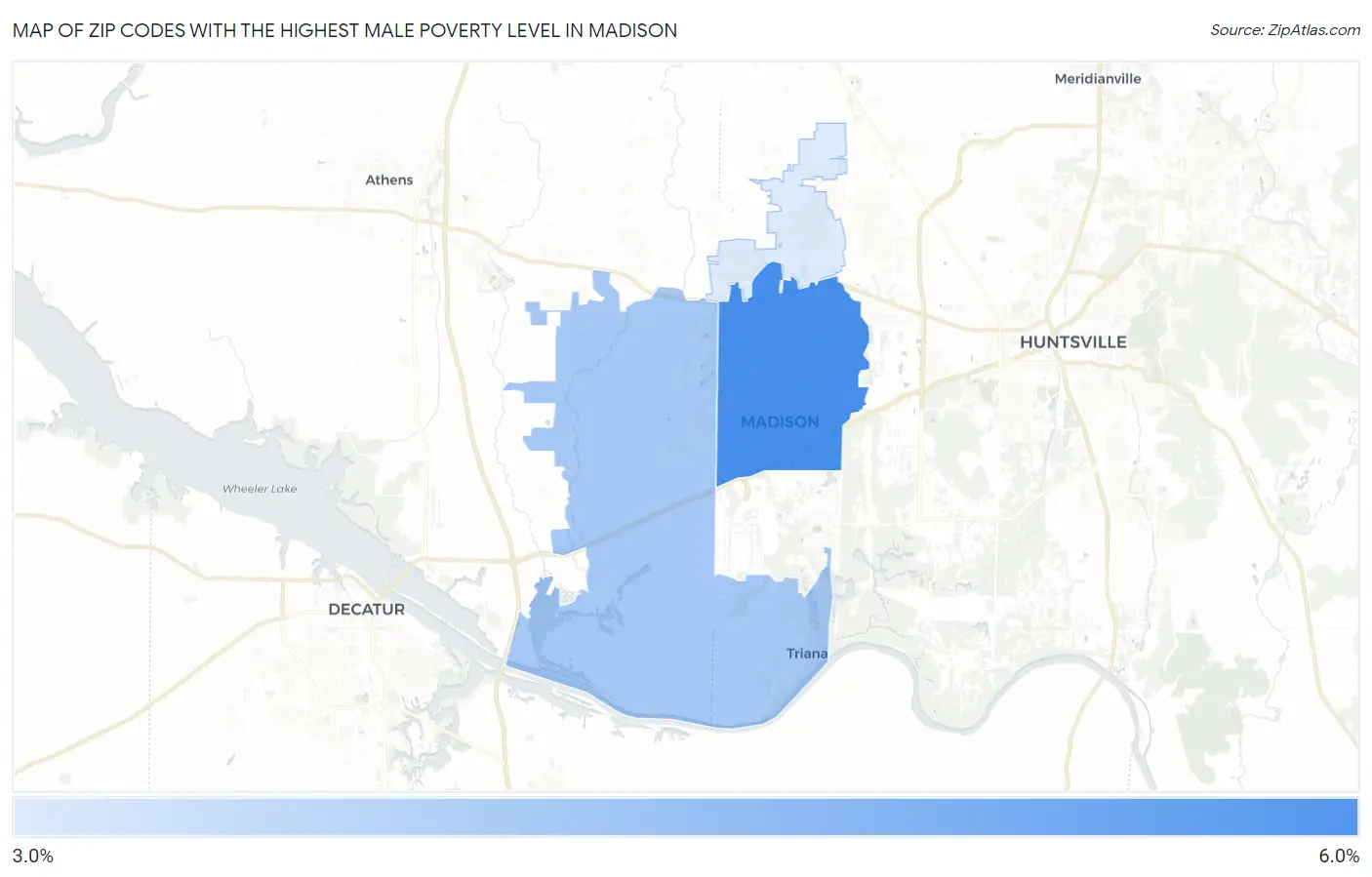 Zip Codes with the Highest Male Poverty Level in Madison Map