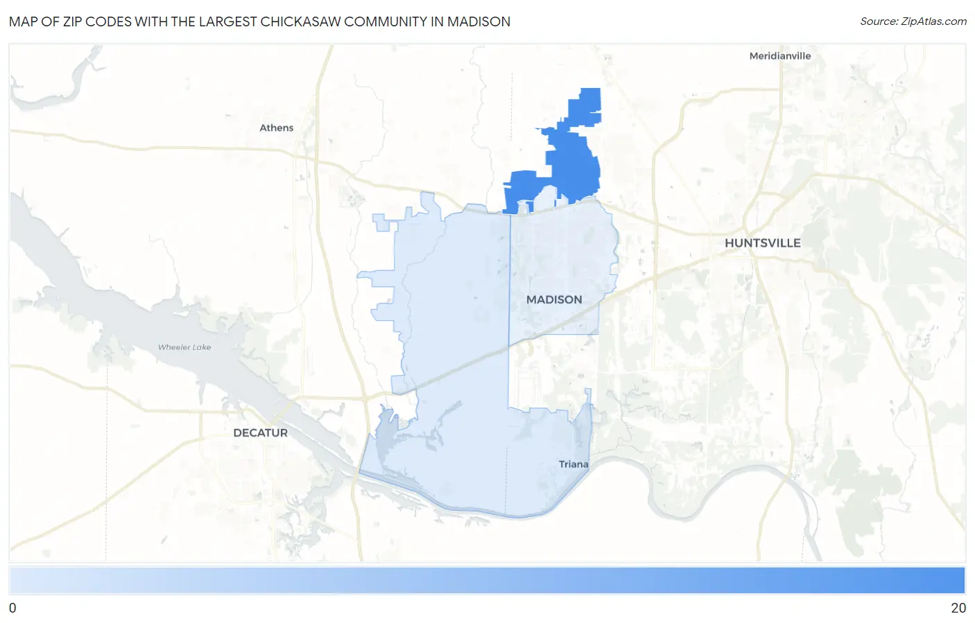 Zip Codes with the Largest Chickasaw Community in Madison Map