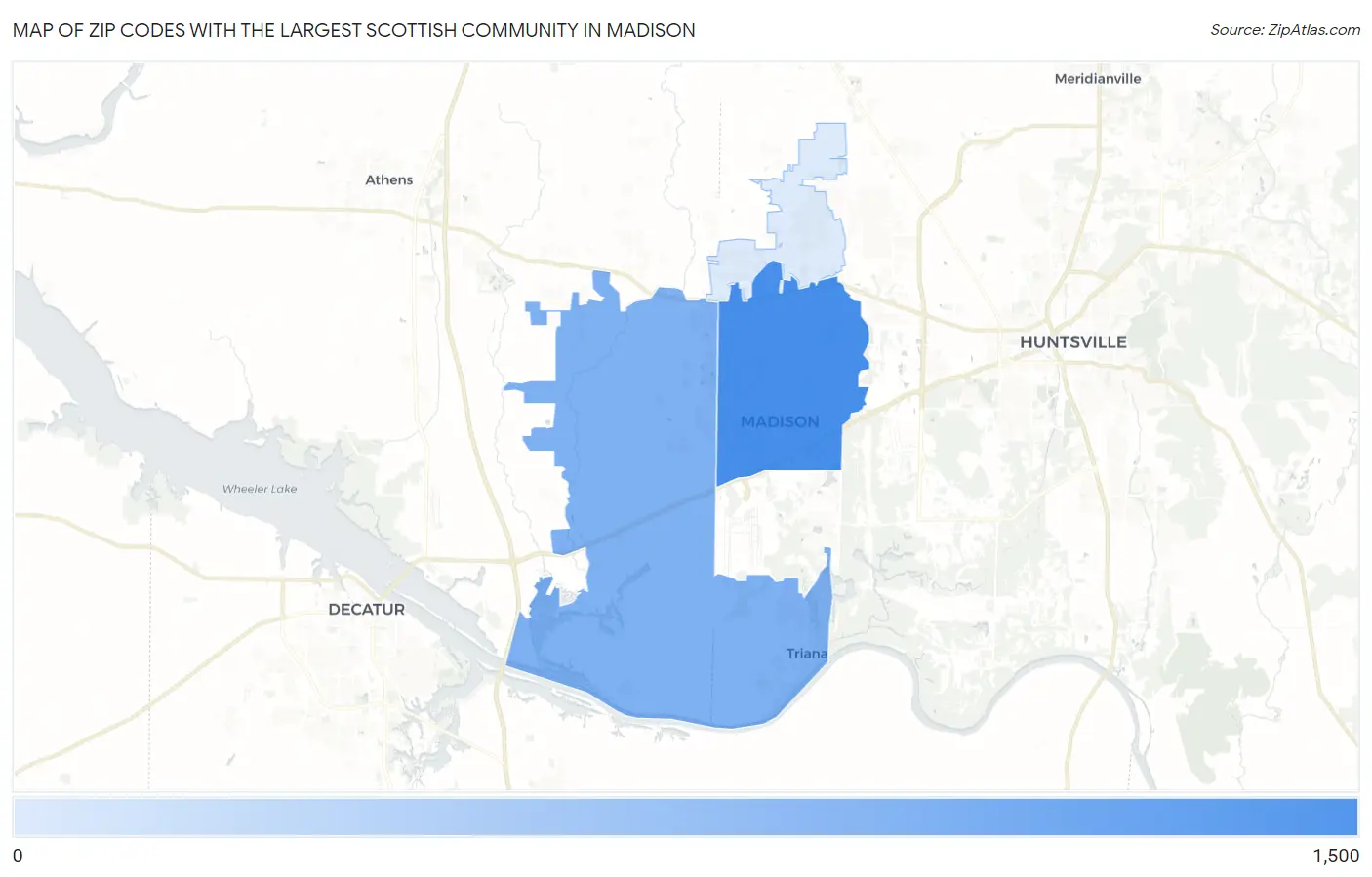 Zip Codes with the Largest Scottish Community in Madison Map