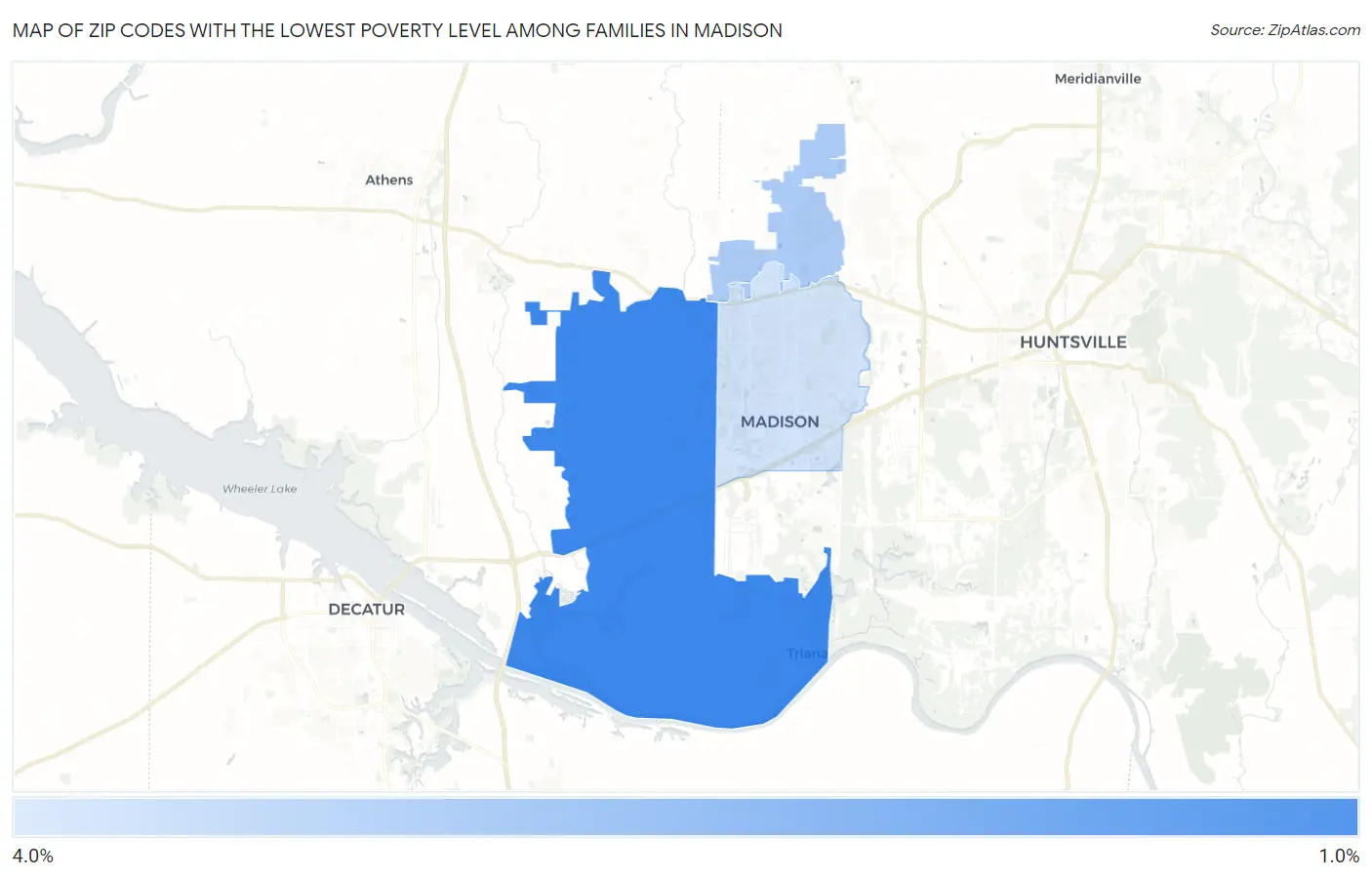 Zip Codes with the Lowest Poverty Level Among Families in Madison Map