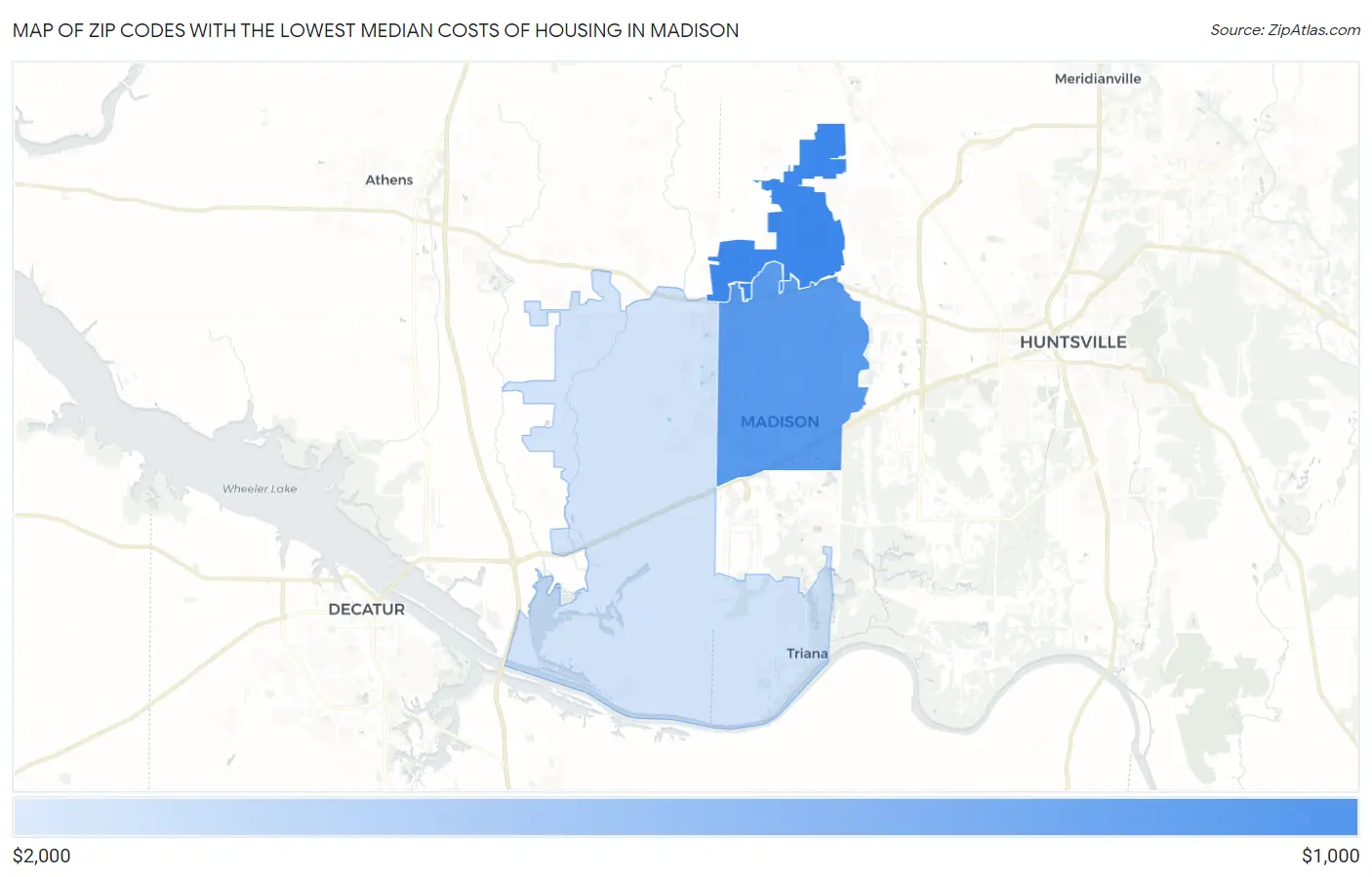 Zip Codes with the Lowest Median Costs of Housing in Madison Map