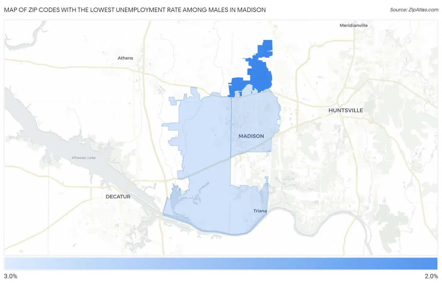Zip Codes with the Lowest Unemployment Rate Among Males in Madison Map