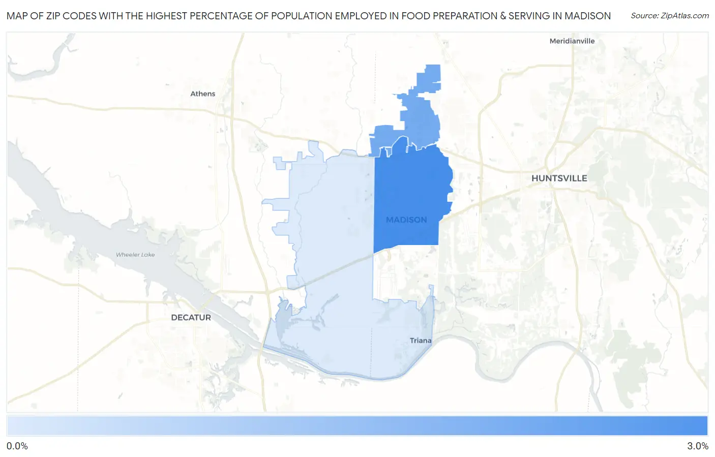 Zip Codes with the Highest Percentage of Population Employed in Food Preparation & Serving in Madison Map