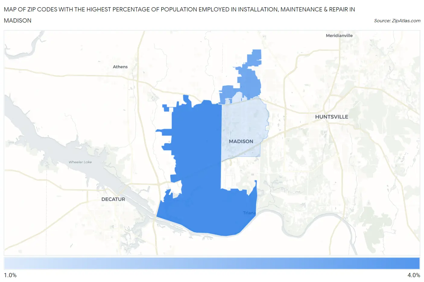 Zip Codes with the Highest Percentage of Population Employed in Installation, Maintenance & Repair in Madison Map