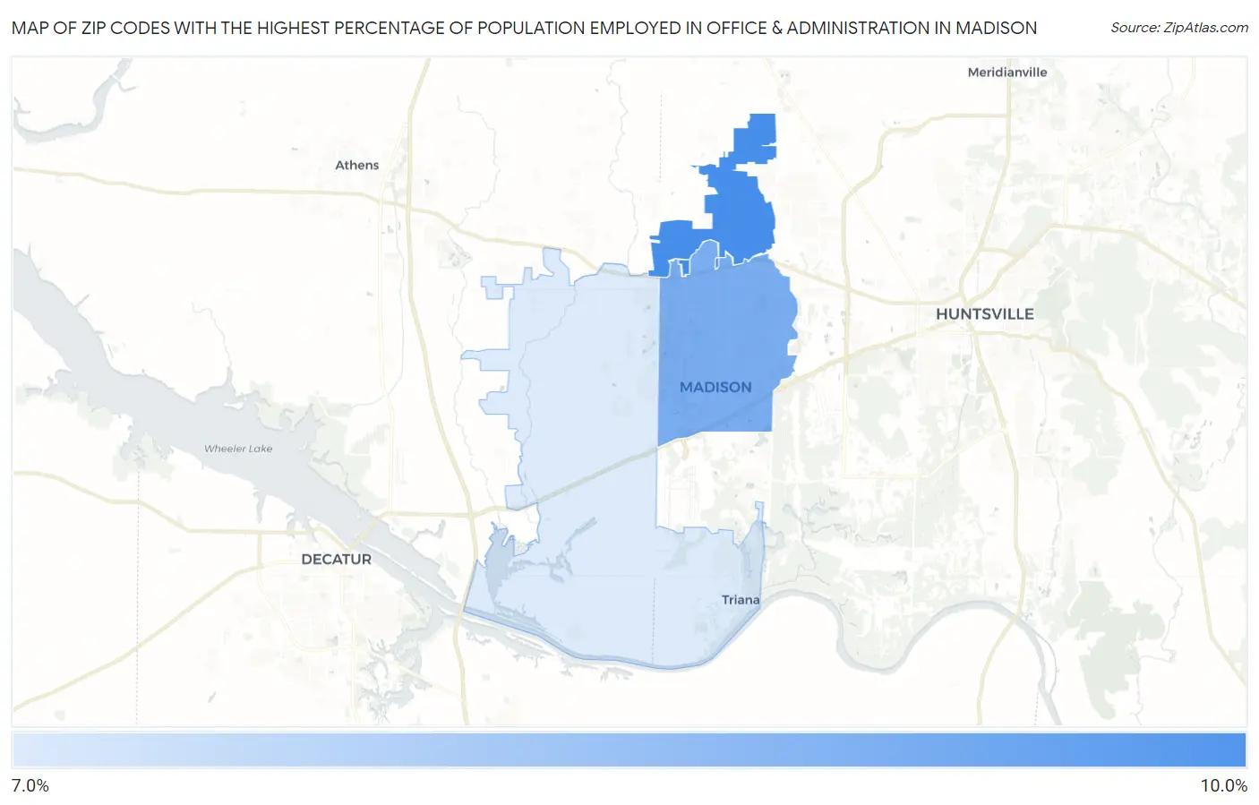 Zip Codes with the Highest Percentage of Population Employed in Office & Administration in Madison Map