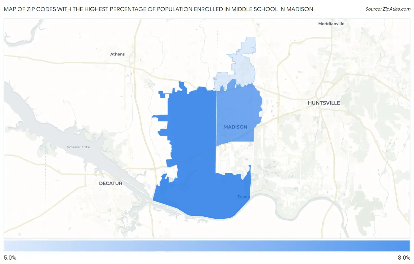 Zip Codes with the Highest Percentage of Population Enrolled in Middle School in Madison Map