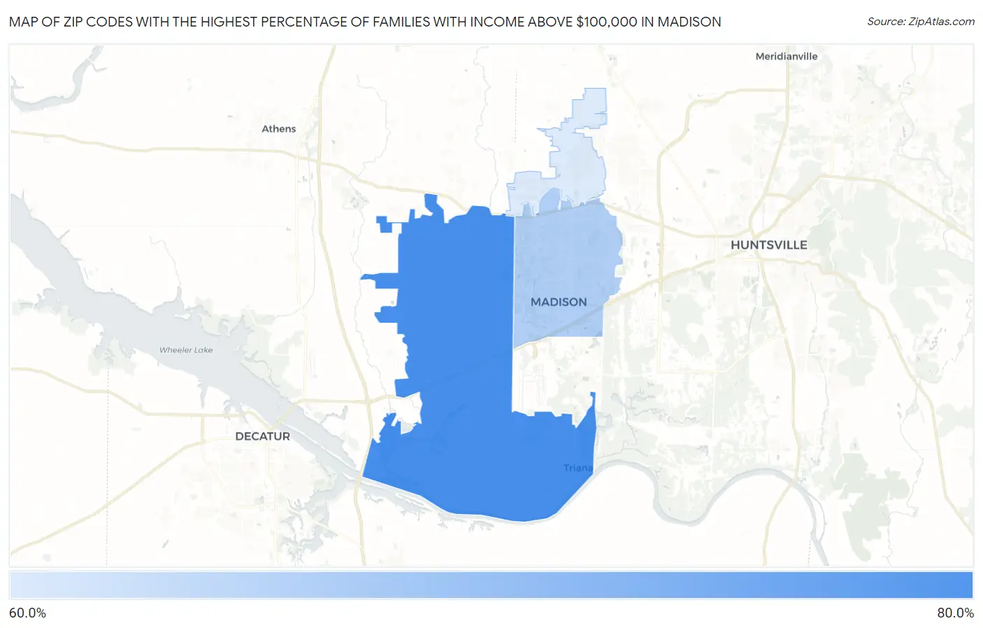 Zip Codes with the Highest Percentage of Families with Income Above $100,000 in Madison Map