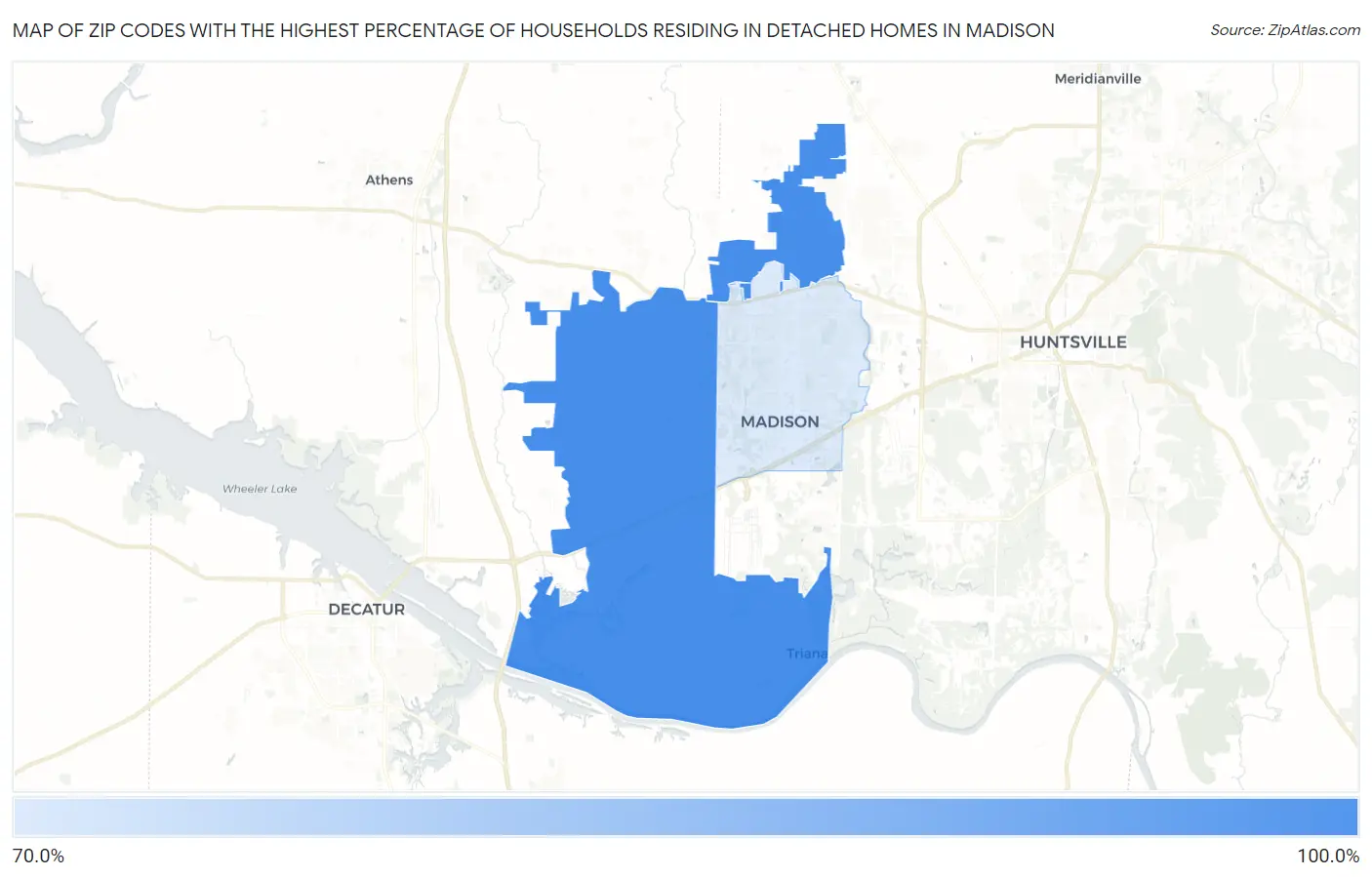 Zip Codes with the Highest Percentage of Households Residing in Detached Homes in Madison Map
