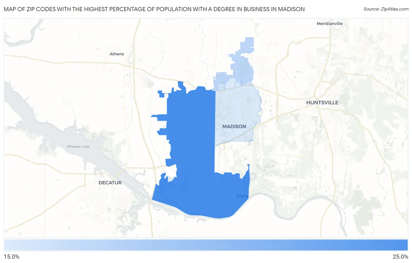Zip Codes with the Highest Percentage of Population with a Degree in Business in Madison Map