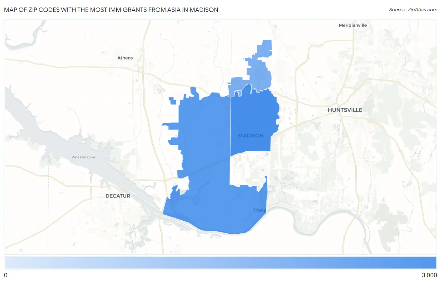 Zip Codes with the Most Immigrants from Asia in Madison Map