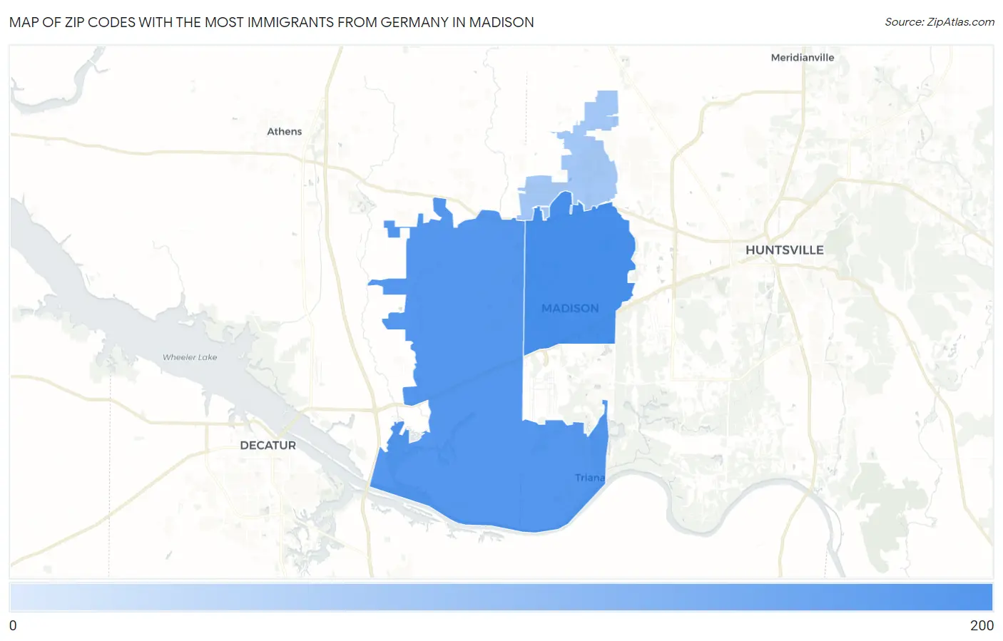 Zip Codes with the Most Immigrants from Germany in Madison Map