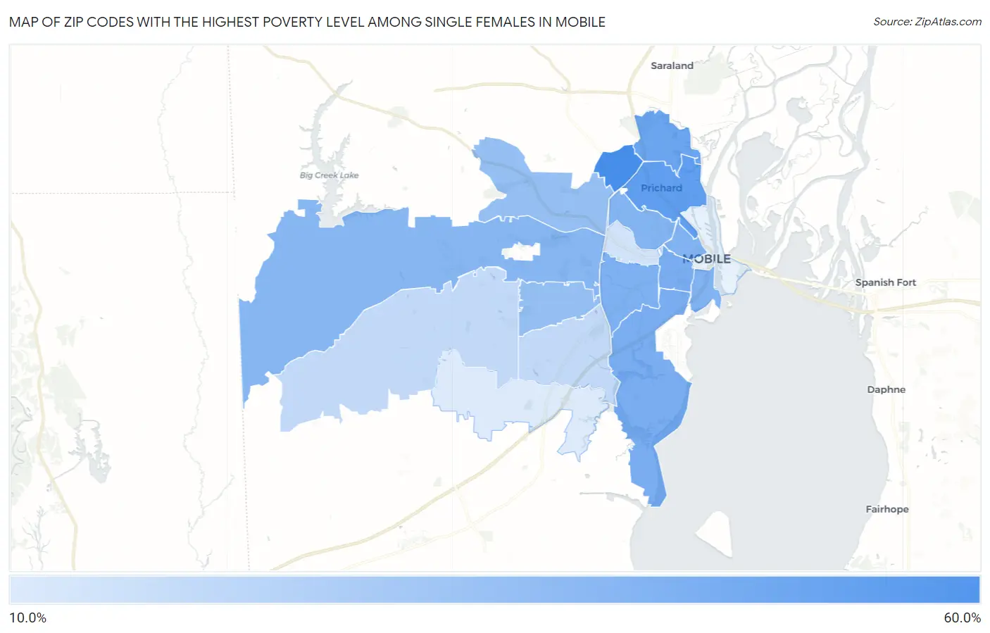 Zip Codes with the Highest Poverty Level Among Single Females in Mobile Map