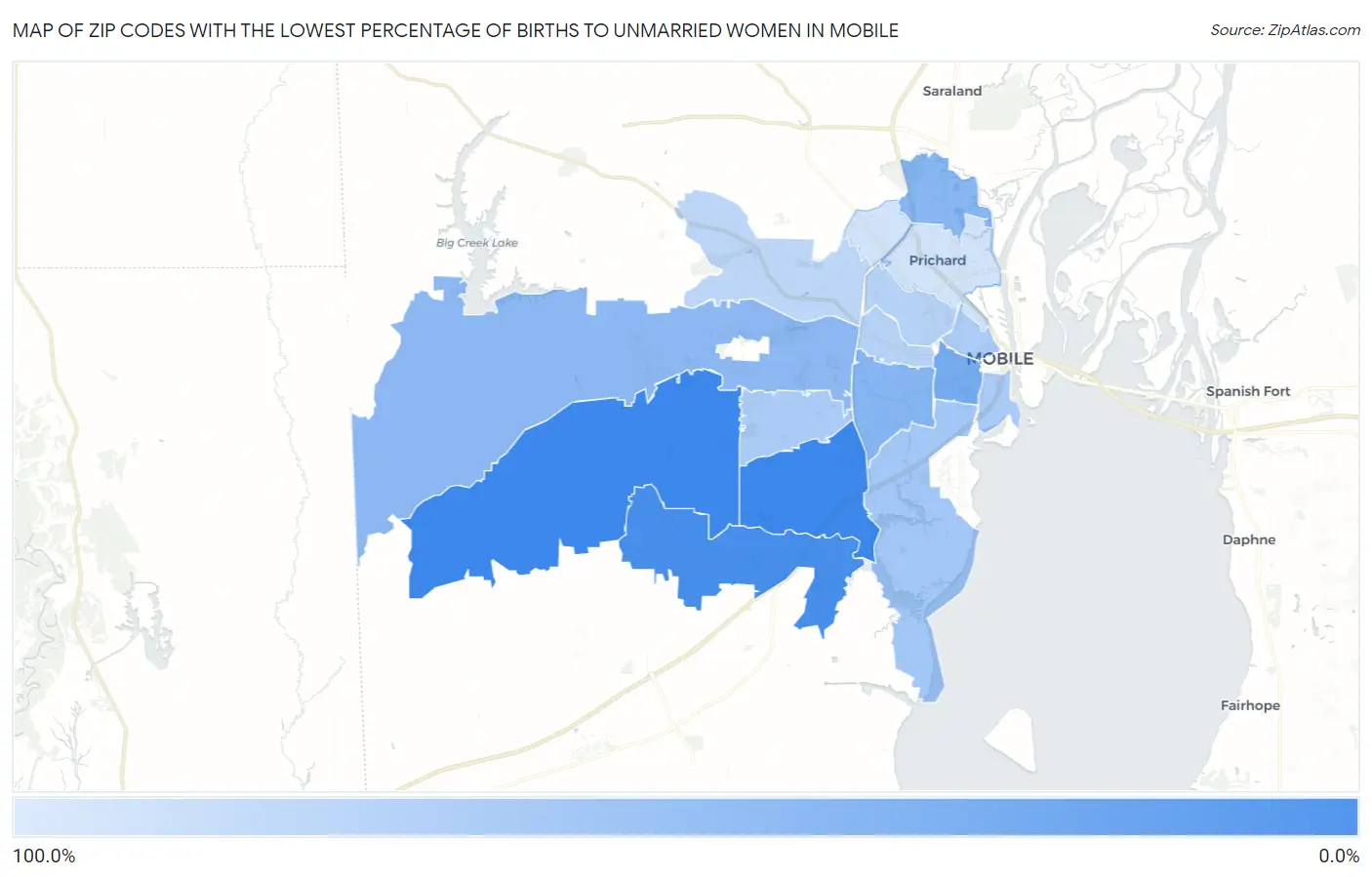 Zip Codes with the Lowest Percentage of Births to Unmarried Women in Mobile Map