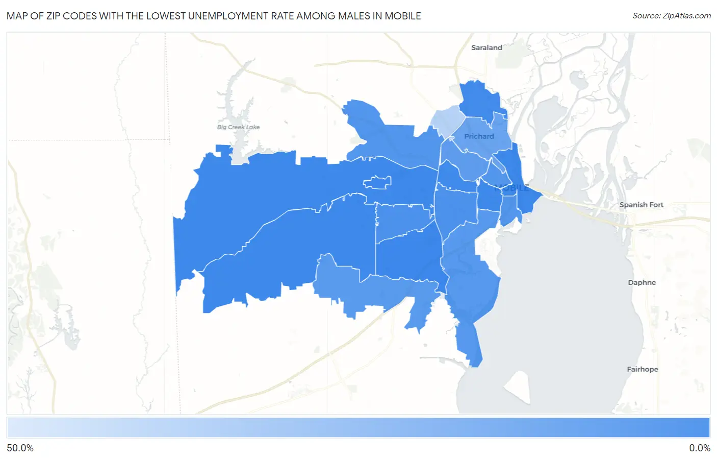 Zip Codes with the Lowest Unemployment Rate Among Males in Mobile Map