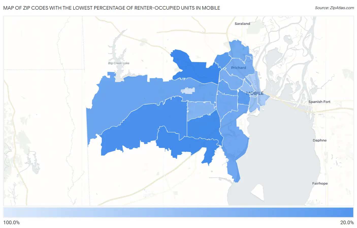 Zip Codes with the Lowest Percentage of Renter-Occupied Units in Mobile Map