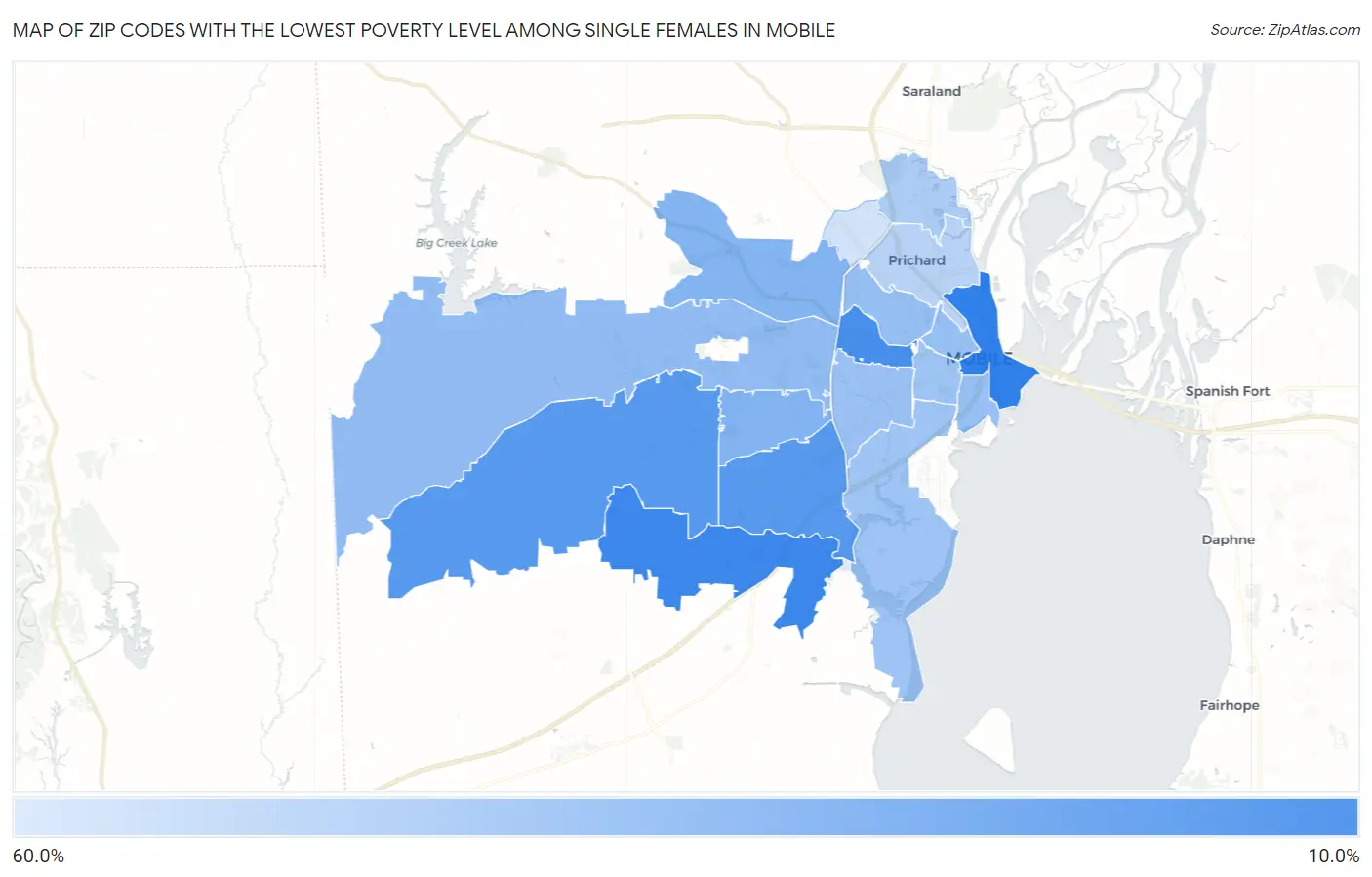 Zip Codes with the Lowest Poverty Level Among Single Females in Mobile Map