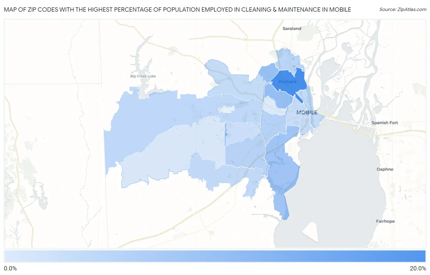 Zip Codes with the Highest Percentage of Population Employed in Cleaning & Maintenance in Mobile Map