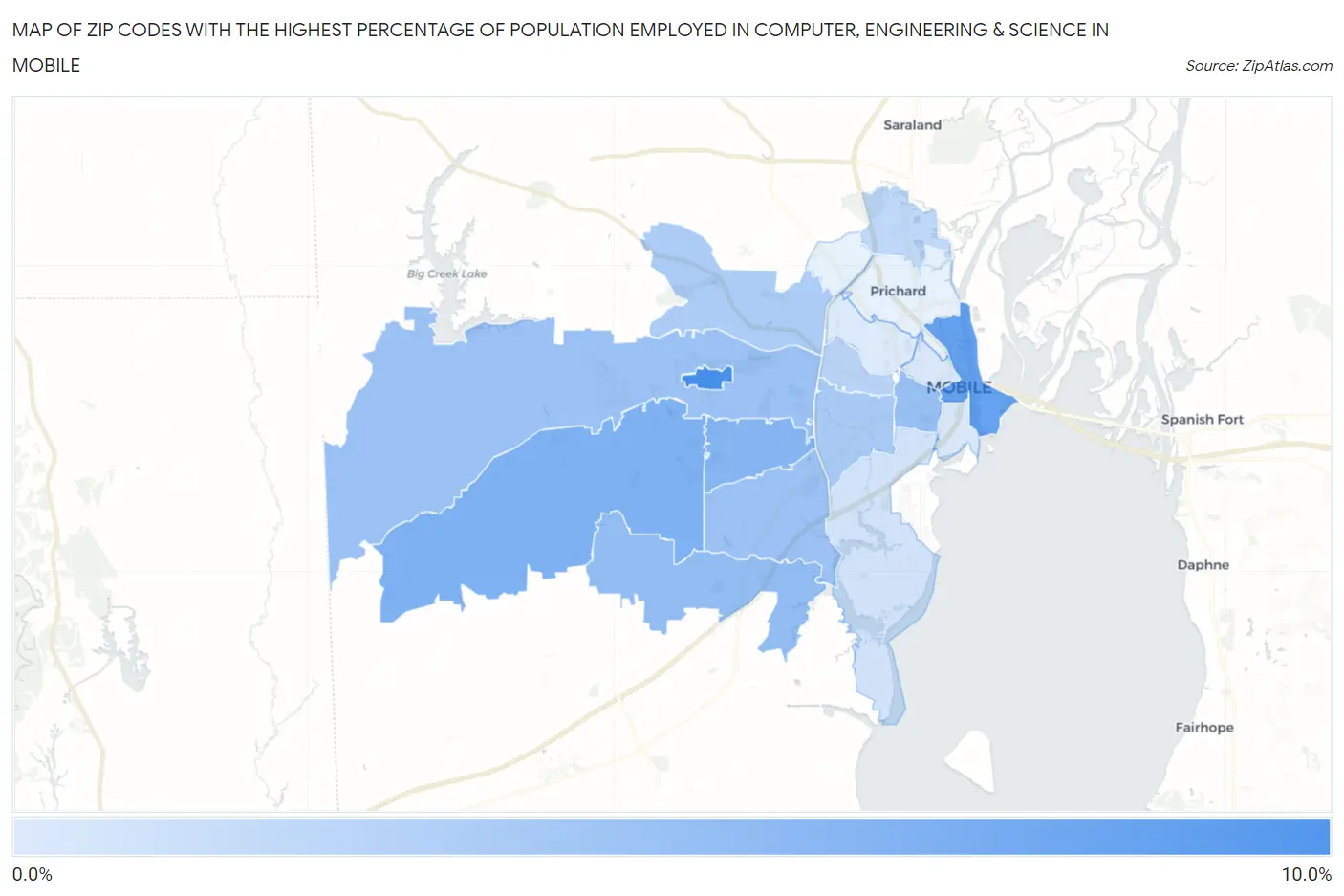 Zip Codes with the Highest Percentage of Population Employed in Computer, Engineering & Science in Mobile Map