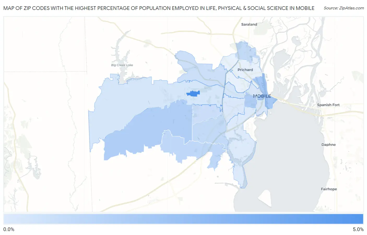 Zip Codes with the Highest Percentage of Population Employed in Life, Physical & Social Science in Mobile Map