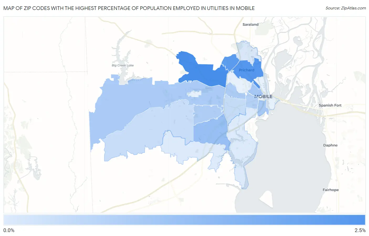 Zip Codes with the Highest Percentage of Population Employed in Utilities in Mobile Map