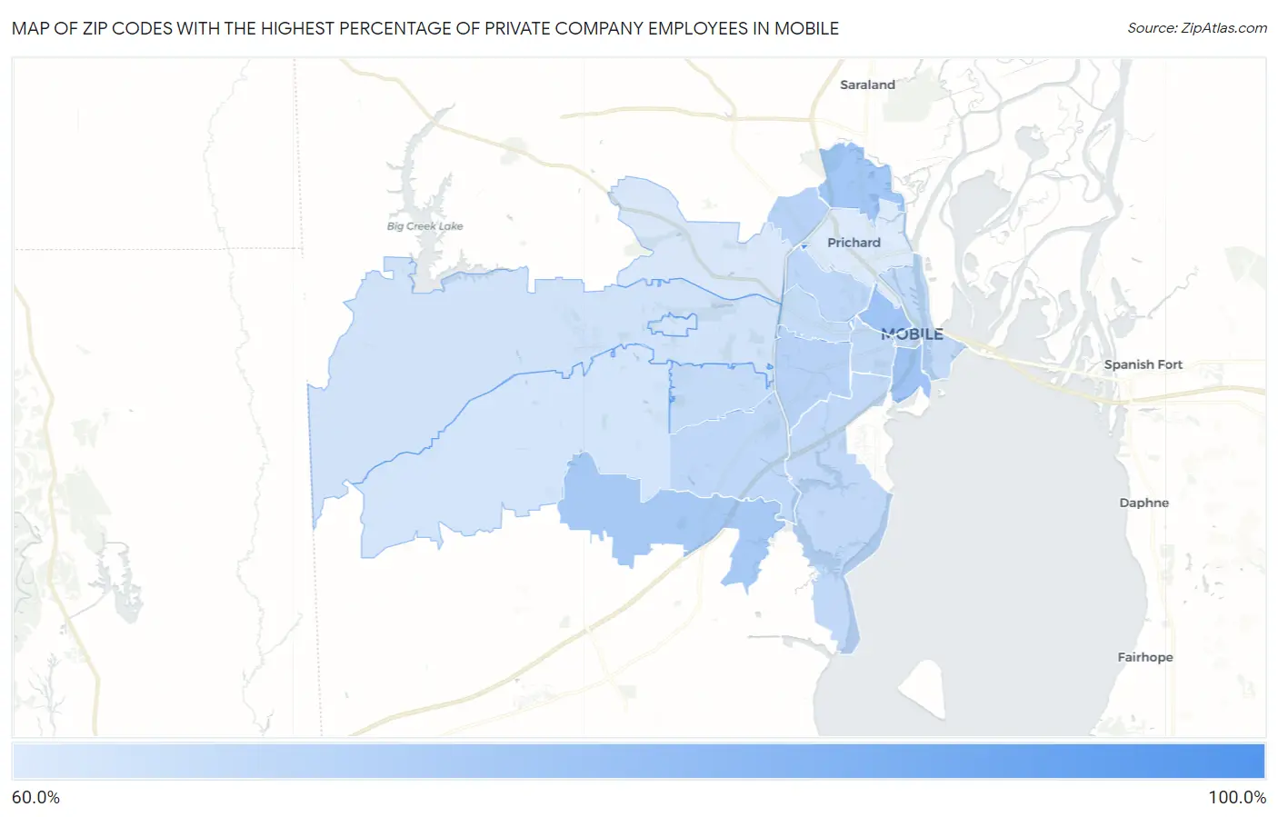Zip Codes with the Highest Percentage of Private Company Employees in Mobile Map