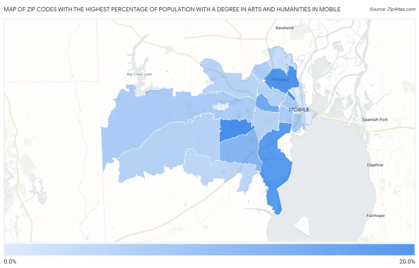 Zip Codes with the Highest Percentage of Population with a Degree in Arts and Humanities in Mobile Map