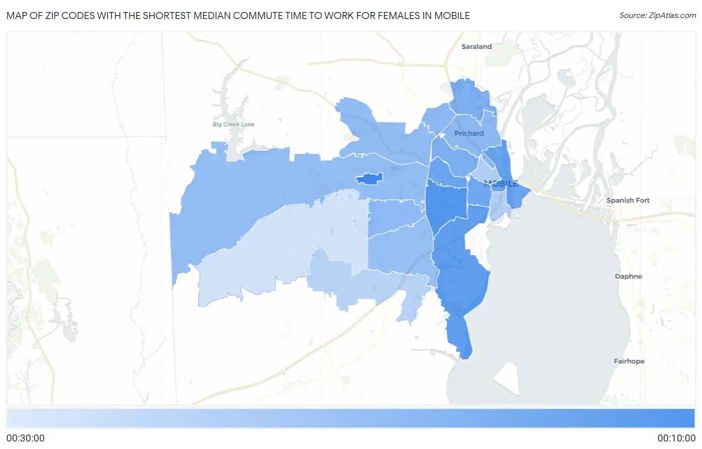 Zip Codes with the Shortest Median Commute Time to Work for Females in Mobile Map