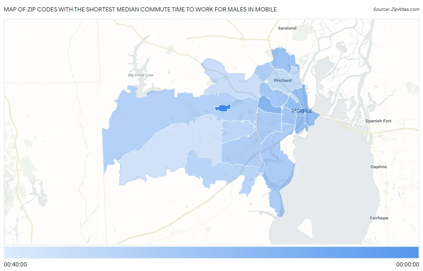 Zip Codes with the Shortest Median Commute Time to Work for Males in Mobile Map