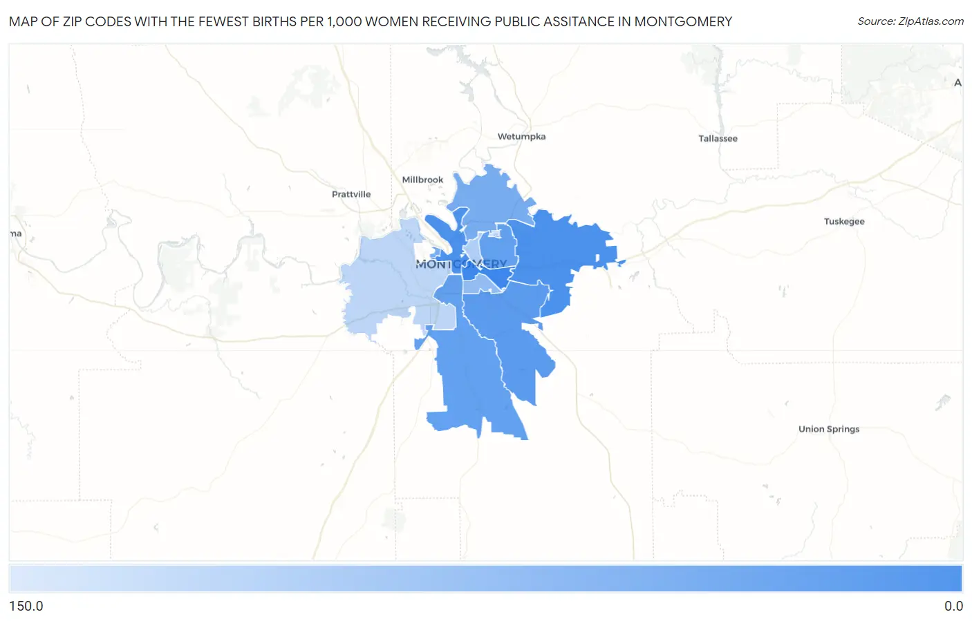 Zip Codes with the Fewest Births per 1,000 Women Receiving Public Assitance in Montgomery Map