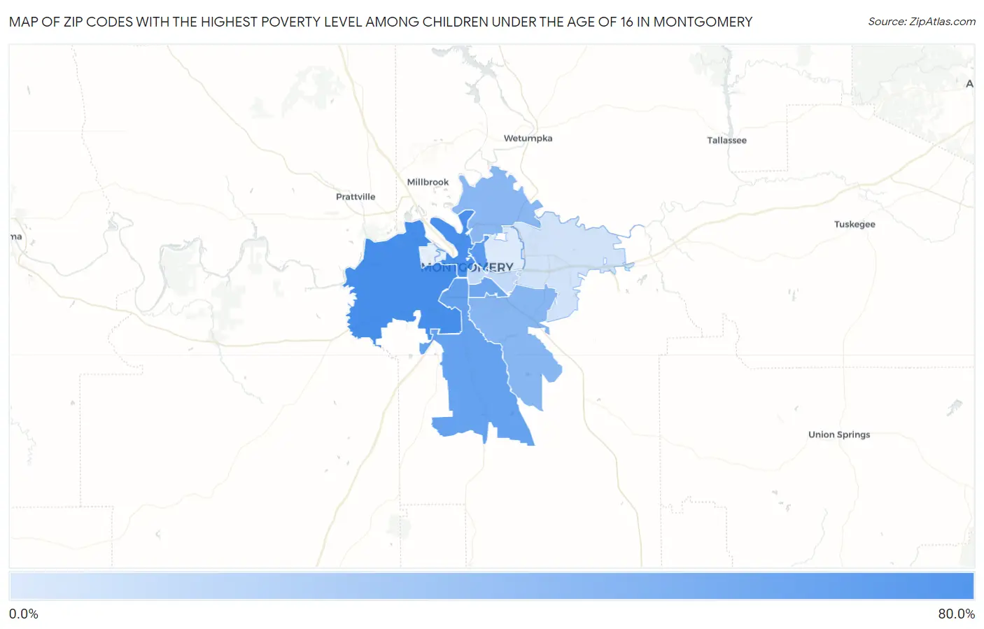 Zip Codes with the Highest Poverty Level Among Children Under the Age of 16 in Montgomery Map