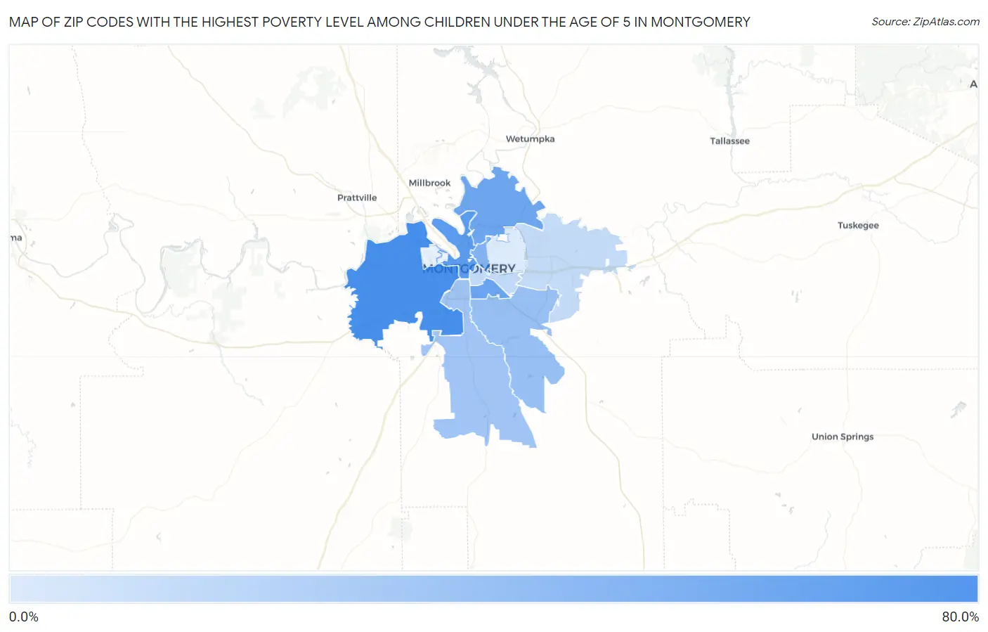 Zip Codes with the Highest Poverty Level Among Children Under the Age of 5 in Montgomery Map