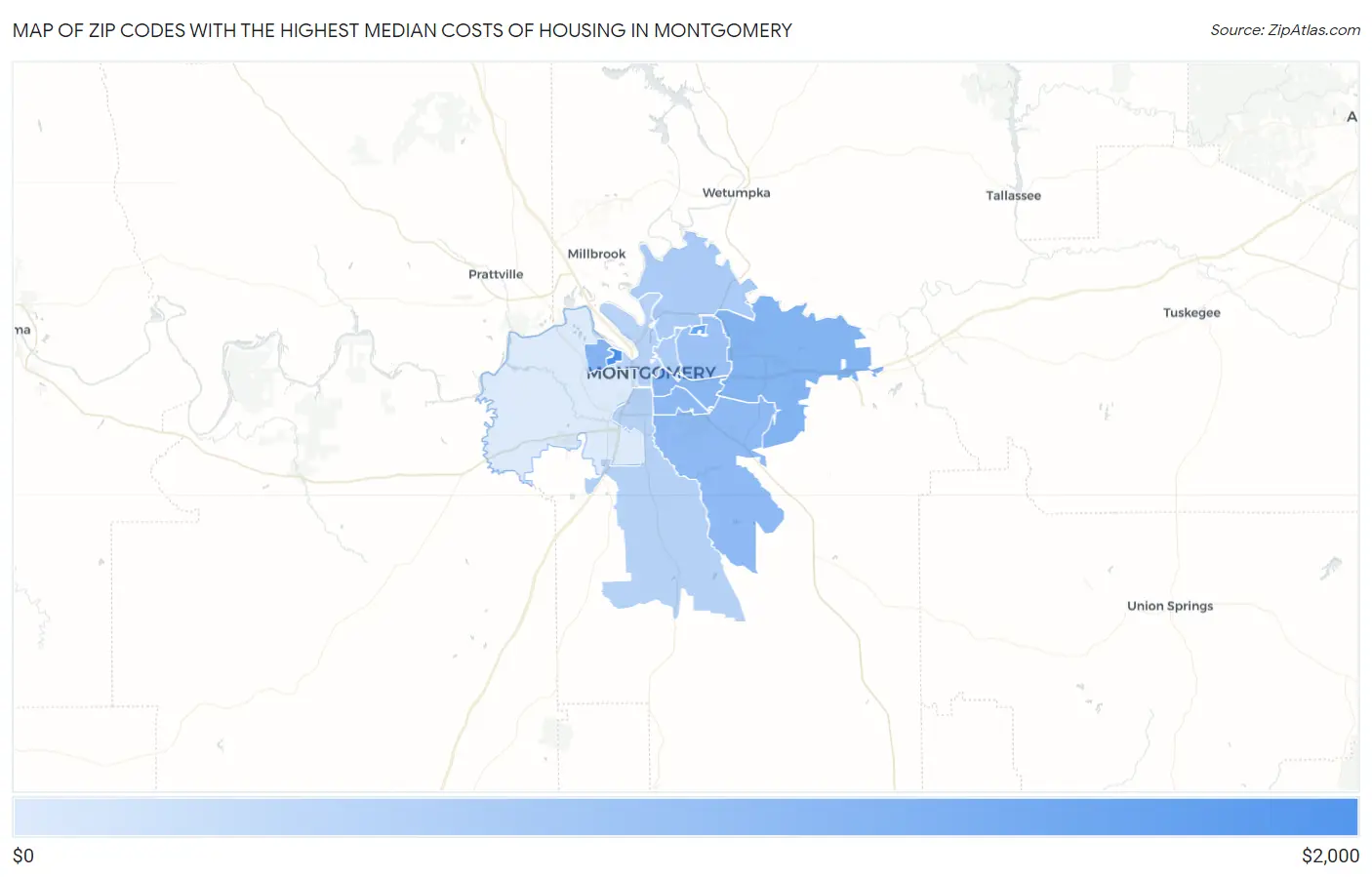 Zip Codes with the Highest Median Costs of Housing in Montgomery Map